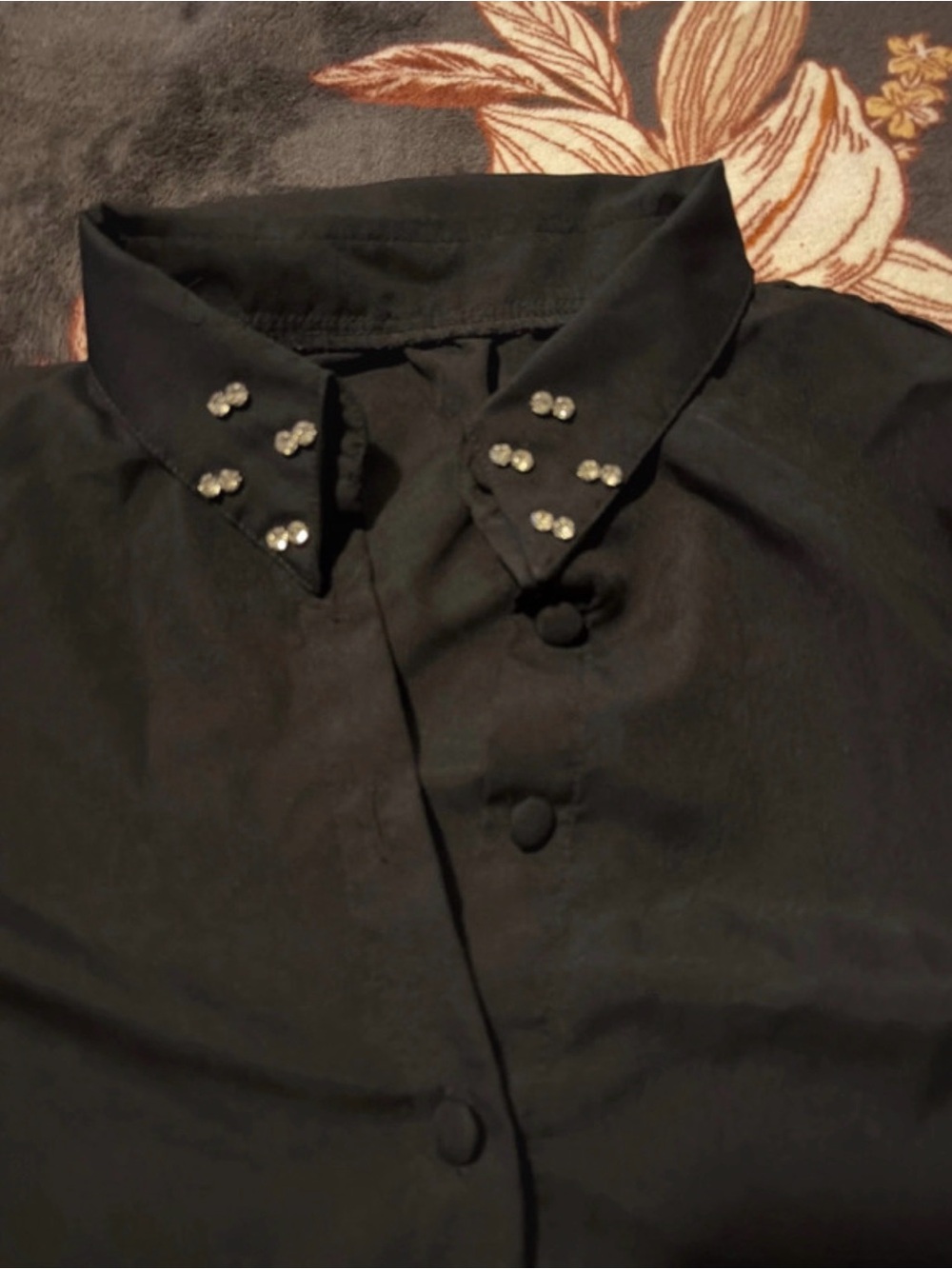 SHEIN Black Dress Shirt with Rhinestone Collar